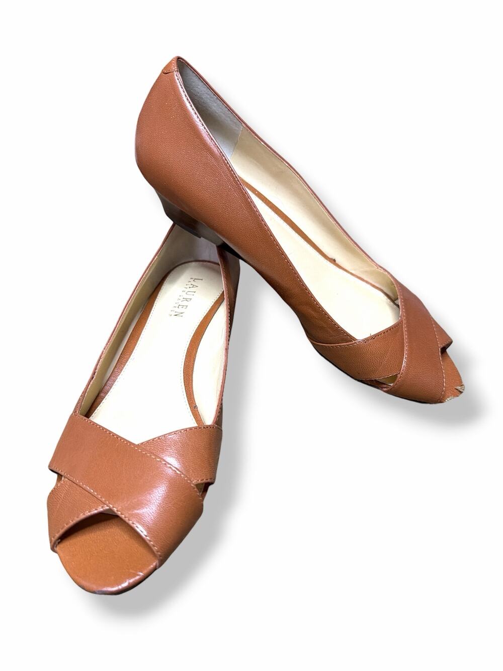 Lauren Ralph Lauren Monika Peep-Toe Brown Leather Criss-Cross Wedge Flat Size 9B